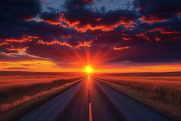 A long straight road through golden fields under a dramatic vibrant sunset with dark clouds and radiant sun rays on the horizon