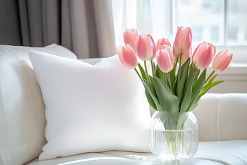 Fresh pink tulips in a clear glass vase sitting on a white sofa next to a large white pillow with soft natural light from window