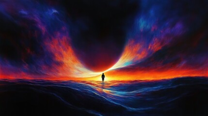 Silhouette of a person standing on turbulent water beneath a dramatic sky with vibrant fiery orange and deep blue swirling clouds creating a mystical and awe-inspiring atmosphere