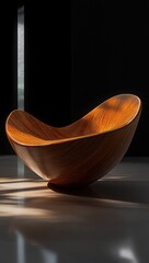 Modern sculptural wooden chair with smooth curved lines illuminated by soft natural light against a dark background, evoking warmth and elegance