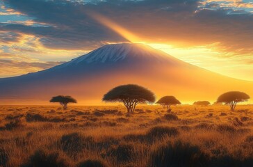 Golden sunrise casting warm light over savanna grassland with scattered acacia trees and a majestic mountain in the background under a partly cloudy sky