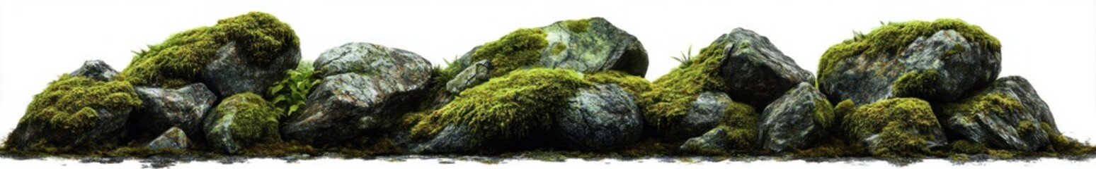 Close-up view of large gray rocks covered with lush green moss and small plants isolated on white background, evoking calm and natural beauty
