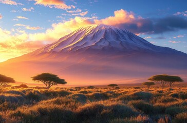 Sunlit African savanna landscape with scattered acacia trees and tall grass in foreground, towering snow-capped mountain under colorful sky at sunrise