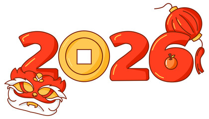 Colorful 2026 Chinese New Year illustration with lantern, coin, lion dance mask, and mandarin.