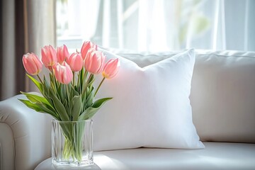 Bright pink tulips in a clear glass vase placed on a white sofa with a large white pillow in a softly lit modern living room