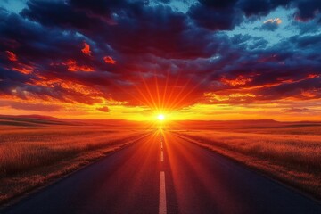 Open straight road leading to a bright sun setting below a dramatic cloudy sky over golden fields, evoking a sense of journey and tranquility