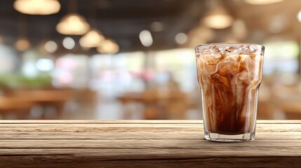 Ice Coffee in a Clear Glass Sits on a Wooden Table in a Cafe With Blurred Lights in the Background During the Day
