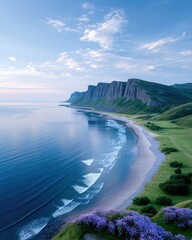 Coastal Cliffs and Beach with Waves Under a Blue Sky