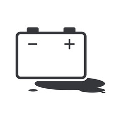 Isolated pictogram of a leaking battery accumulator, showing hazardous chemical spill, industrial safety warning, dangerous transport handling symbol, and caution for corrosive risks.