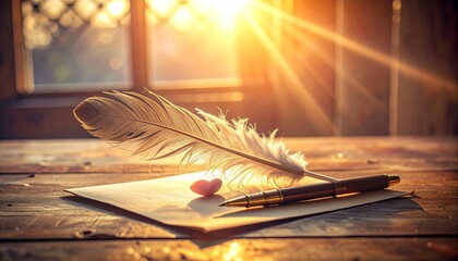 Feather Quill Pen on Paper with Sunlight and Heart.