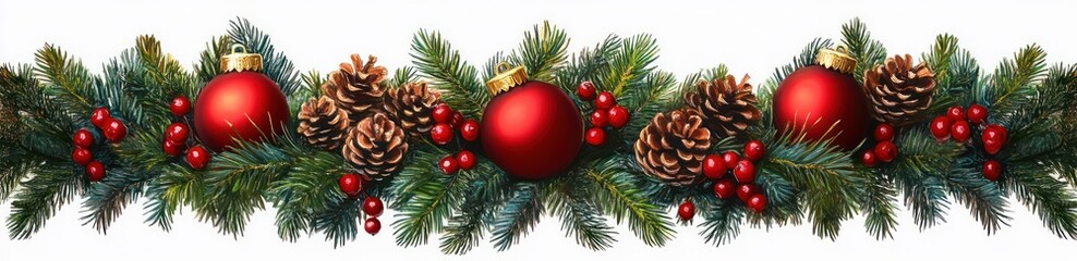 Fototapeta premium Festive garland featuring evergreen branches, red ornaments, pine cones, and red berries arranged horizontally on a white background conveying holiday cheer