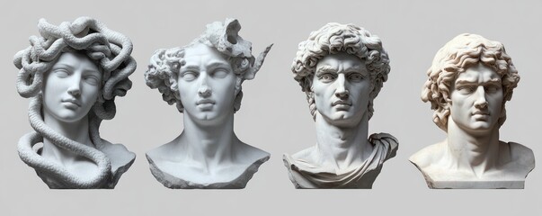 four marble bust sculptures showing classical male and female figures with detailed hair, one with intertwined snakes, all against a plain light background