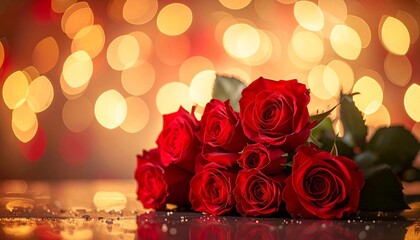 Romantic Red Roses with Bokeh Lights for Valentines Day.