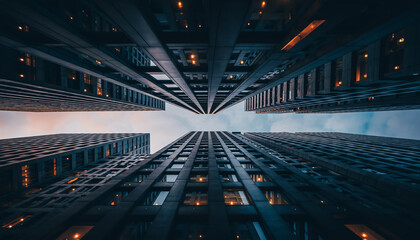 Low-angle view of modern skyscrapers in a city, showcasing urban architecture and cityscapes at dusk or dawn