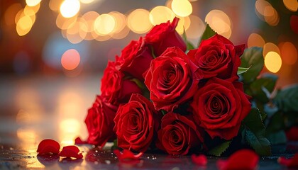 Romantic Red Roses Bouquet with Bokeh Lights Background.