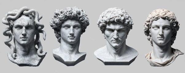 Four marble busts of male figures with distinct curly and wavy hairstyles and serious expressions on neutral gray background