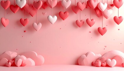 Romantic Valentines Day Backdrop with Hanging Hearts and Soft Pink Hues.