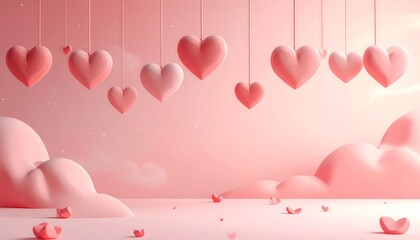 Romantic Valentines Day Scene with Hanging Hearts and Pink Clouds.