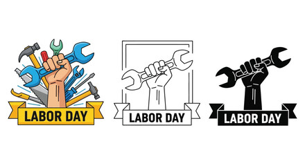 A set of three distinct Labor Day emblems, featuring a hand firmly grasping a wrench, accompanied by a banner, presented in full color, outline, and silhouette styles.