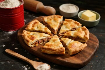 Sliced savory pie on wooden board with baking ingredients nearby