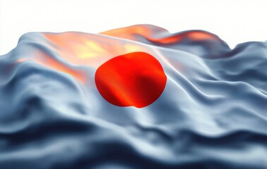 Close-up of a waving fabric with a large red circle on a white background illuminated by soft light