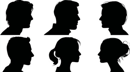 Silhouette head and avatar face icons set, male and female profile vector illustrations, modern minimalist person symbols for web, app, and social media design on white background