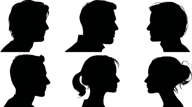 Silhouette head and avatar face icons set, male and female profile vector illustrations, modern minimalist person symbols for web, app, and social media design on white background - Powered by Adobe