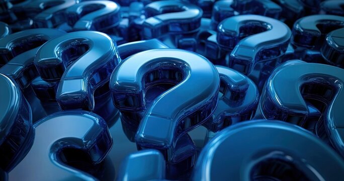 Close-up view of numerous shiny blue question marks clustered together, symbolizing curiosity and uncertainty - Powered by Adobe