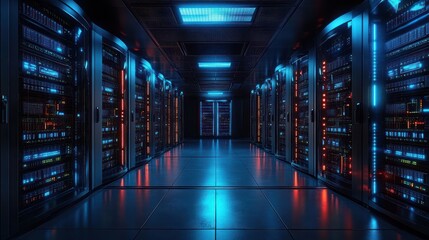 Long aisle of server racks in a dimly lit data center with blue and red LED lights reflecting on the shiny floor, evoking a futuristic and high-tech atmosphere