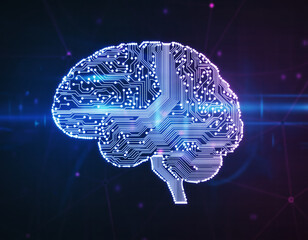 Futuristic AI brain made of glowing circuit lines slowly pulsing in a dark neon environment