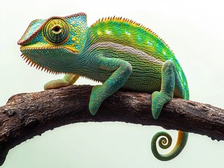 Obraz premium close-up of a vibrant green and blue chameleon with intricate scales perched on a curved branch with coiled tail against a plain light background