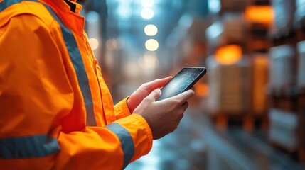 Person wearing orange safety jacket using smartphone in a large, blurred warehouse environment with bright lights