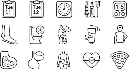 Diabetes management and healthy lifestyle icons set