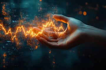 Close-up of an open human hand with glowing orange digital waveforms and data particles floating above it against a dark blue technological background