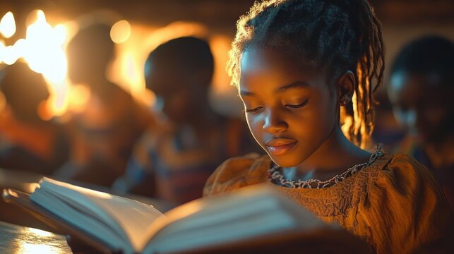 Young girl deeply focused on reading a book in warm, soft light indoor setting with blurred figures in the background - Powered by Adobe