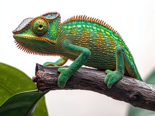 Obraz premium close-up of vibrant green and yellow chameleon perched on a dark brown branch with large green leaves and a bright white background