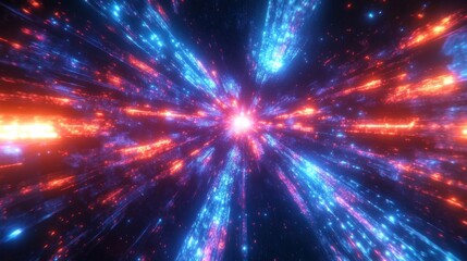 Vibrant dynamic burst of blue and red glowing particles radiating from a bright center in a cosmic space environment, conveying energy and motion