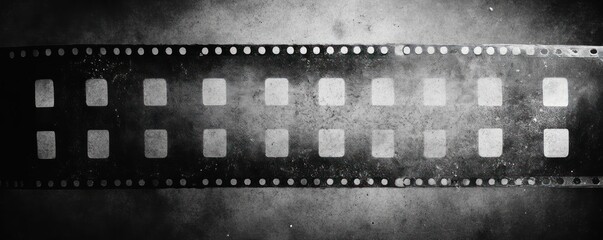 Close-up of a damaged, worn black and white film strip with empty frames and visible dust particles
