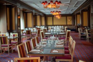 blurred colored background with set tables in a restaurant