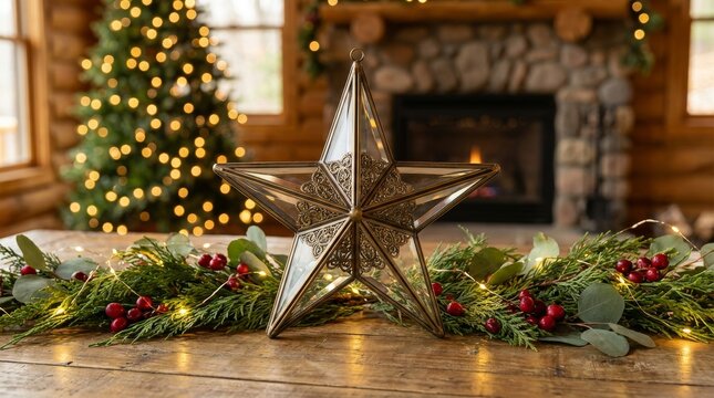 Festive Christmas Star on Rustic Wooden Table - Powered by Adobe