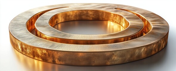 Close-up view of two connected circular metallic rings with a textured golden surface and reflective highlights on a smooth white background