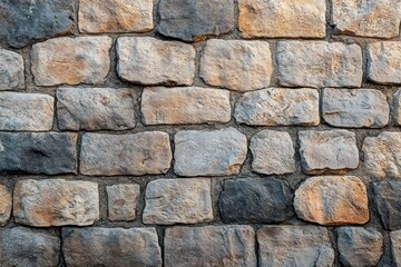 Obraz premium Close-up of an old textured stone wall with uneven rectangular rocks in varying shades of gray, beige, and orange under natural lighting