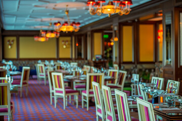 blurred colored background with set tables in a restaurant