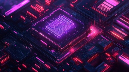 Close-up view of glowing futuristic microchip circuitry with bright neon purple and red lights creating a high-tech atmosphere