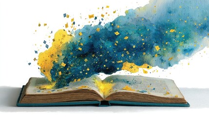 Pencil sketch of open book with floating letters and watercolor magic glow, handmade conceptual illustration for creativity and imagination.