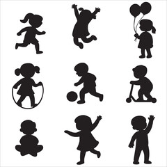 Set of Nine Kids Silhouettes: Children Playing, Running, Jumping, and Active Poses Vector
