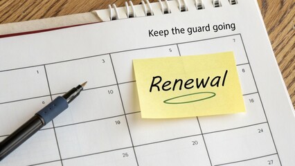 Calendar with sticky note reminder for renewal, pen placed, emphasizing importance of keeping track of deadlines and schedules
