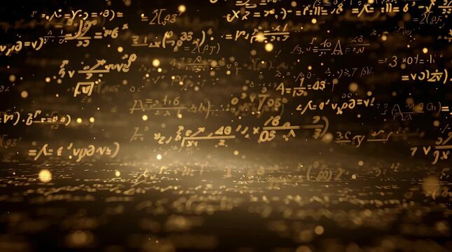 A golden, particle-filled backdrop with equations and formulas in a blurred, glowing perspective