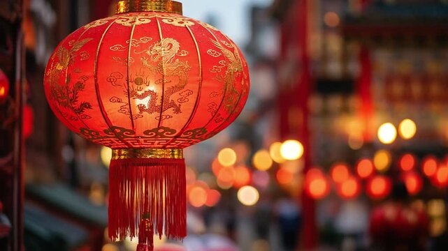 Traditional Red Lantern Illuminating Festive Chinese New Year Atmosphere