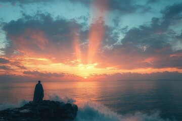 Solitary figure standing on rocky coastline watching dramatic orange and pink sunset over calm sea with scattered clouds and distant land